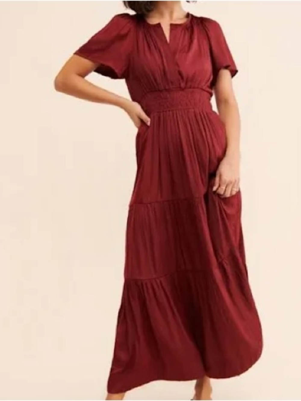 Anthropologie Red Maroon Somerset V-Neck Tiered Maxi Dress Wedding Cocktail Fall